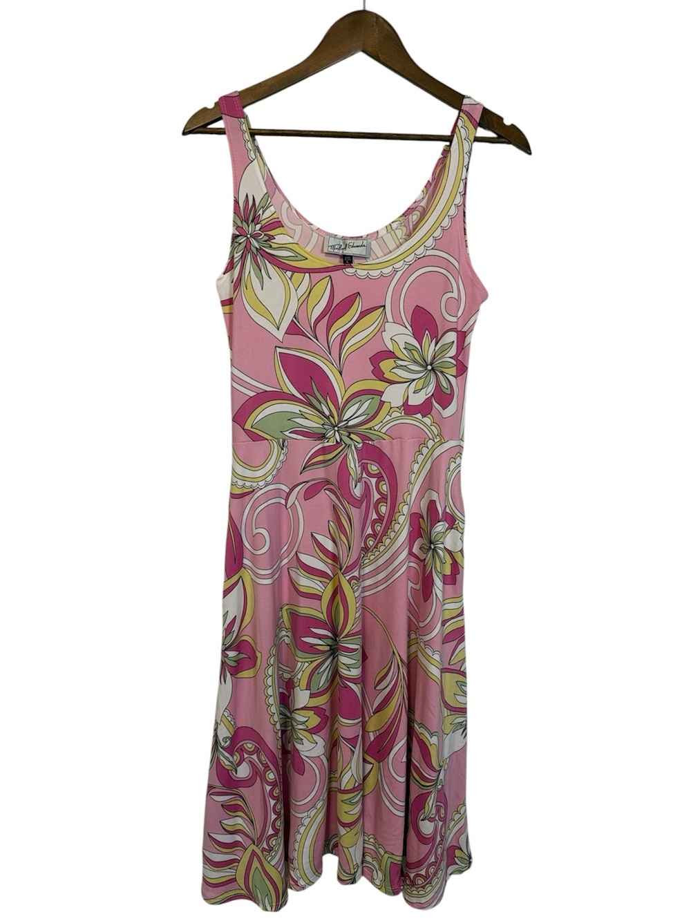 NWT Knee Length Tank Fit Flare Dress Pink Floral Paisley Retro Stretch L